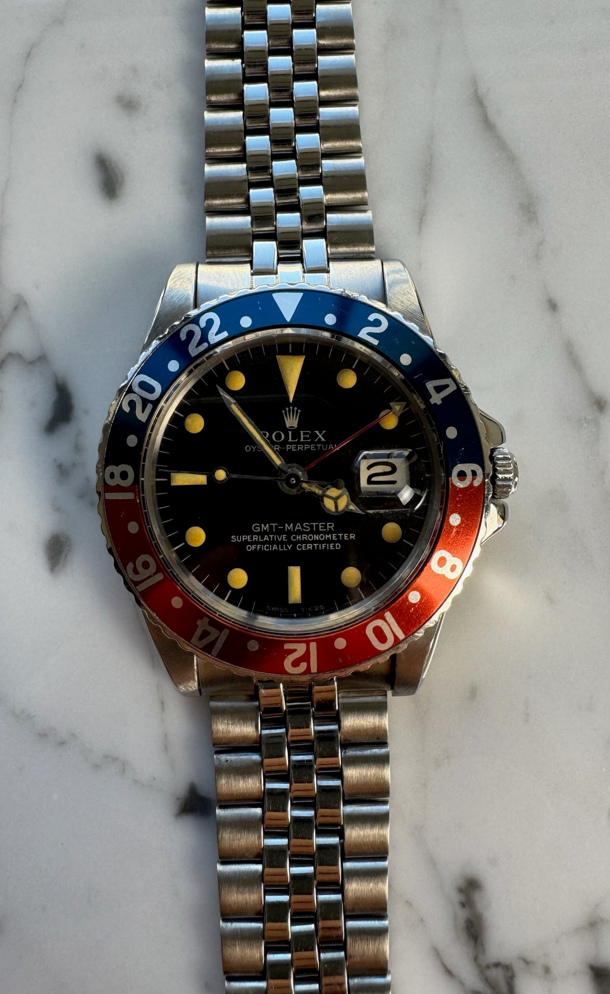 Rolex GMT-Master 1675 Glossy Gilt Mega Font Pepsi Insert Heavy Zinc Sulfide Patina 1964 (Serviced)