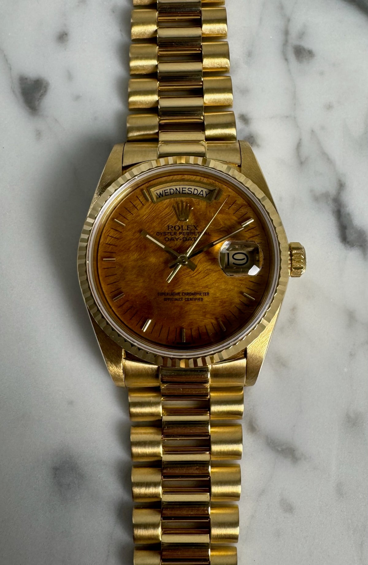 Rolex Day-Date 18038 Yellow Gold Burl Wood Dial Rare 1986 (Full-Set/Serviced)