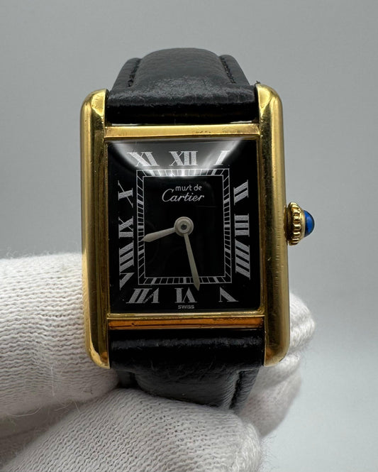 Cartier Tank Vermeil Gold Plated Black Roman Dial 1990 (Unpolished/Serviced)