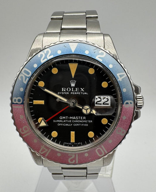Rolex GMT-Master 1675 MK1 Long E Yellow Patina Red Back Faded Pepsi Insert 1970 (Serviced)