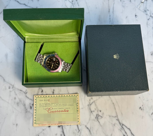 Rolex GMT-Master 1675 PCG Eagle Beak Tropical Glossy Gilt Chapter Ring Exclamation Point Faded Red Back Pepsi Vintage 1963 (Full-Set/Serviced)