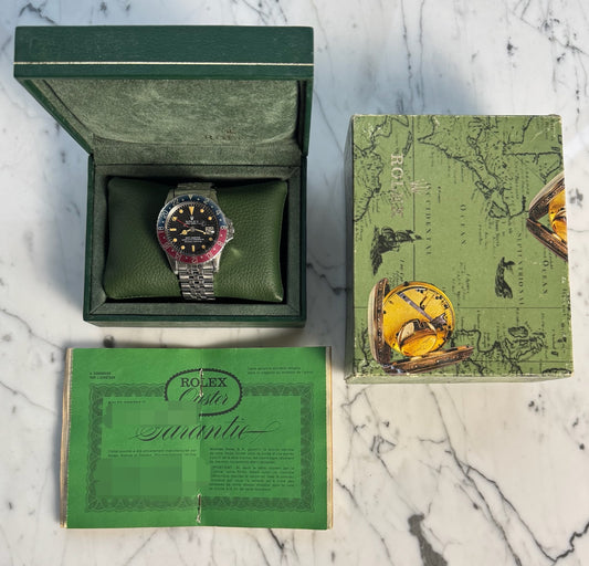 Rolex GMT-Master 1675 MK1 Long E Heavy Patina Pepsi Red Back Jubilee 1967 (Full-Set/Serviced)