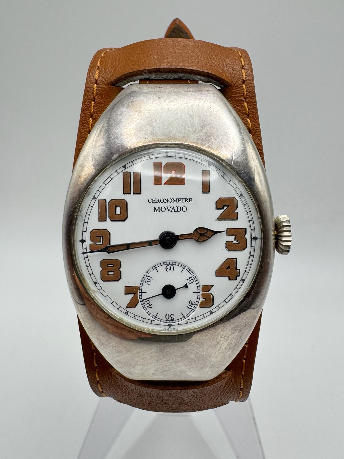 Movado Vintage Military Trench Watch Sterling Silver Large Case Porcelain Dial 1920s (Unpolished)