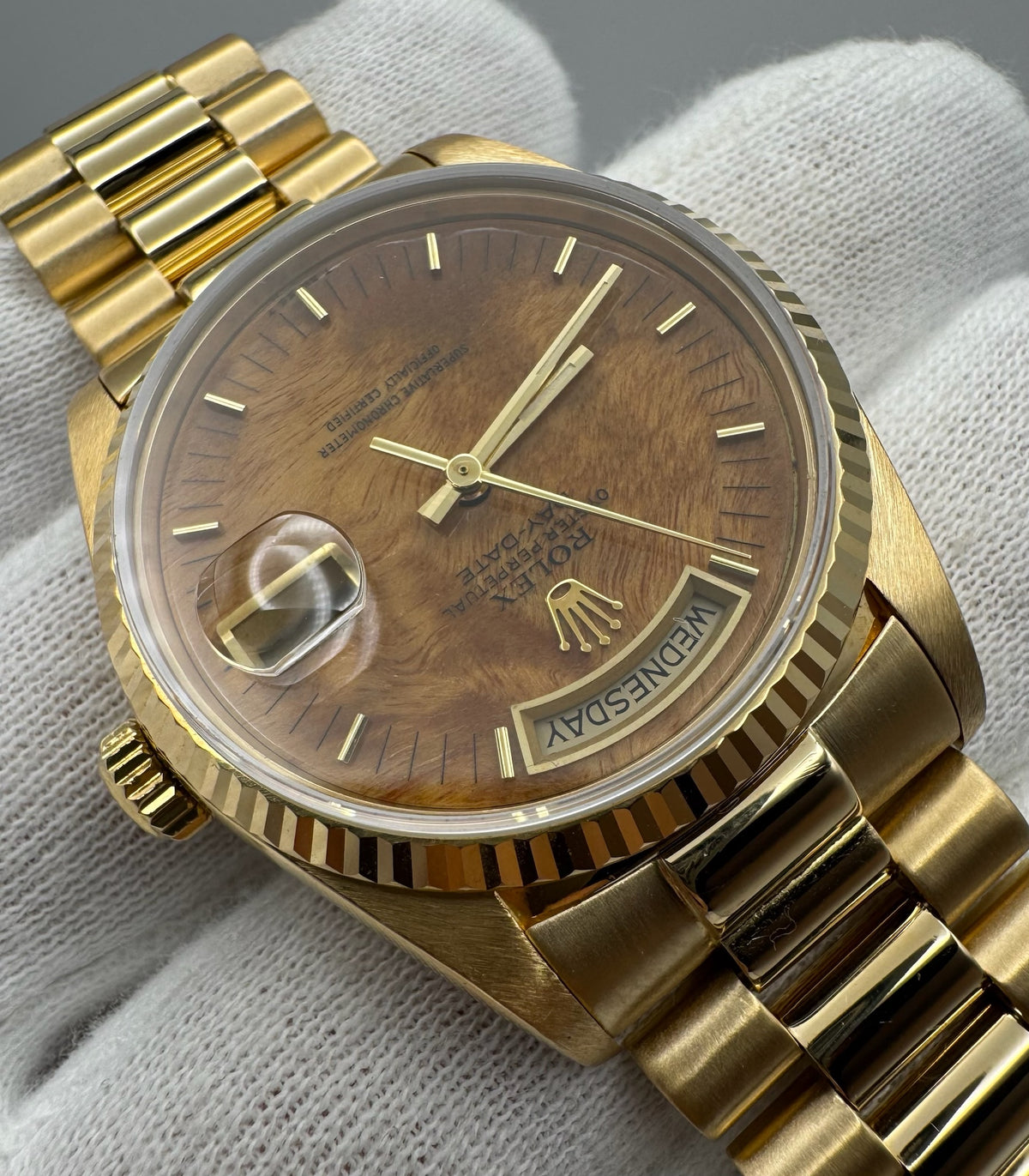 Rolex Day-Date 18038 Yellow Gold Burl Wood Dial Rare 1986 (Full-Set/Serviced)