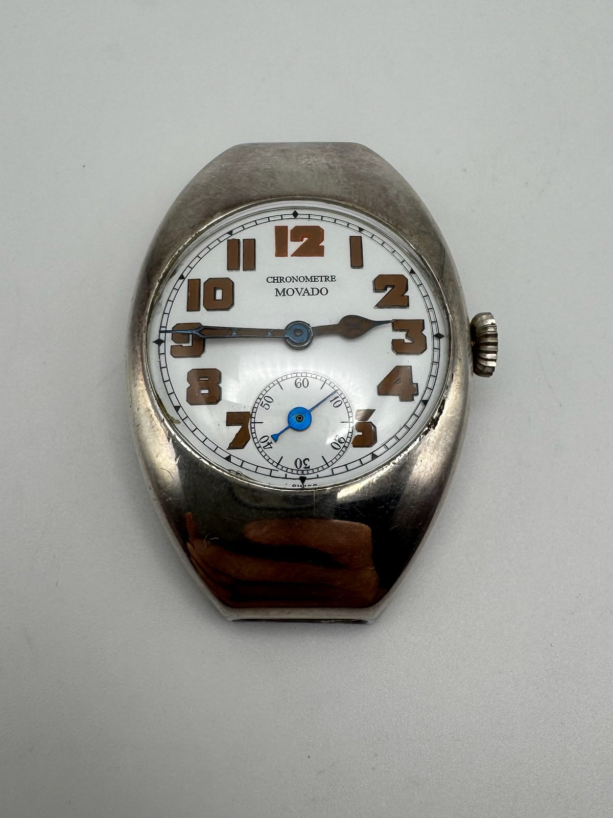 Movado Vintage Military Trench Watch Sterling Silver Large Case Porcelain Dial 1920s (Unpolished)