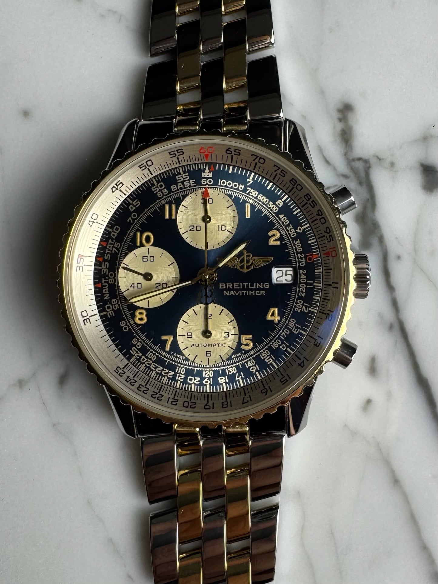 Breitling Old Navitimer Two Tone Blue Tritium Dial Yellow Patina Steel/Yellow Gold (Serviced)