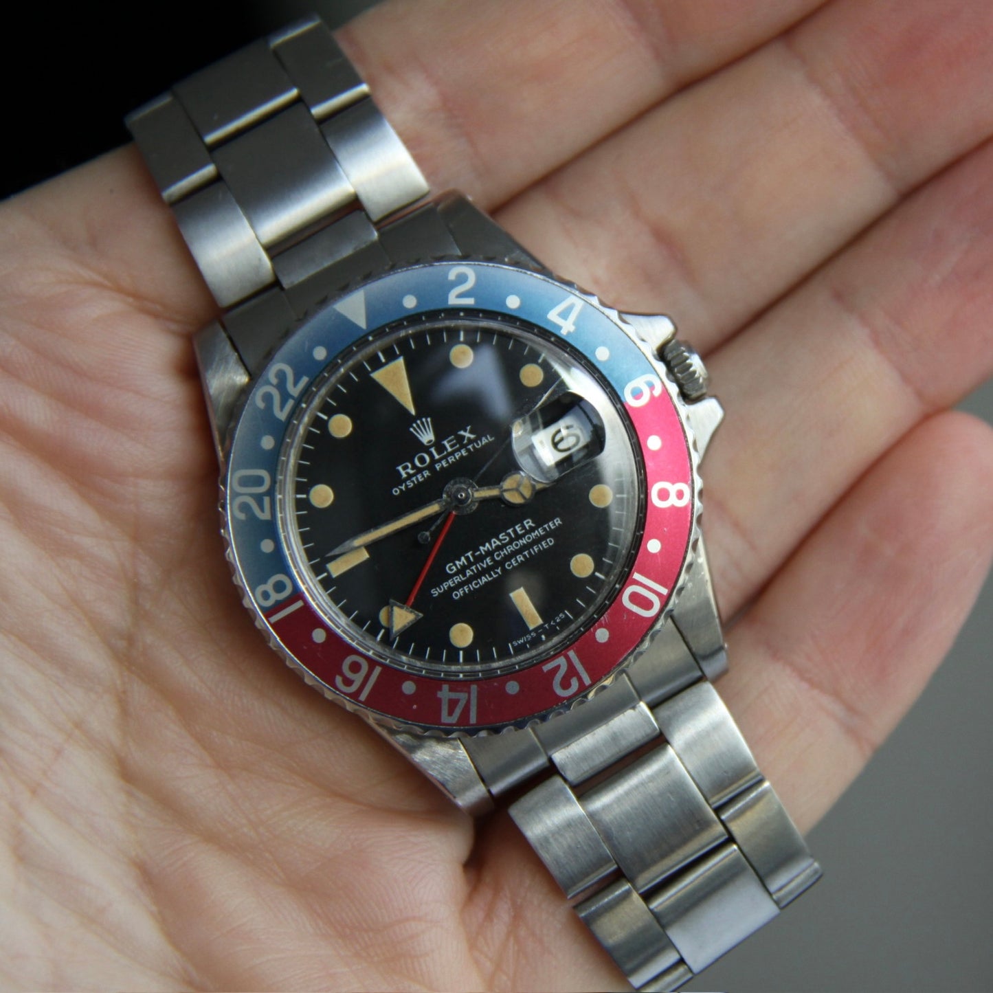 Rolex GMT-Master 1675 MK1 Long E Full Steel Faded Bezel Red Back Insert Heavy Patina Zinc Sulfide 1967 (Serviced)