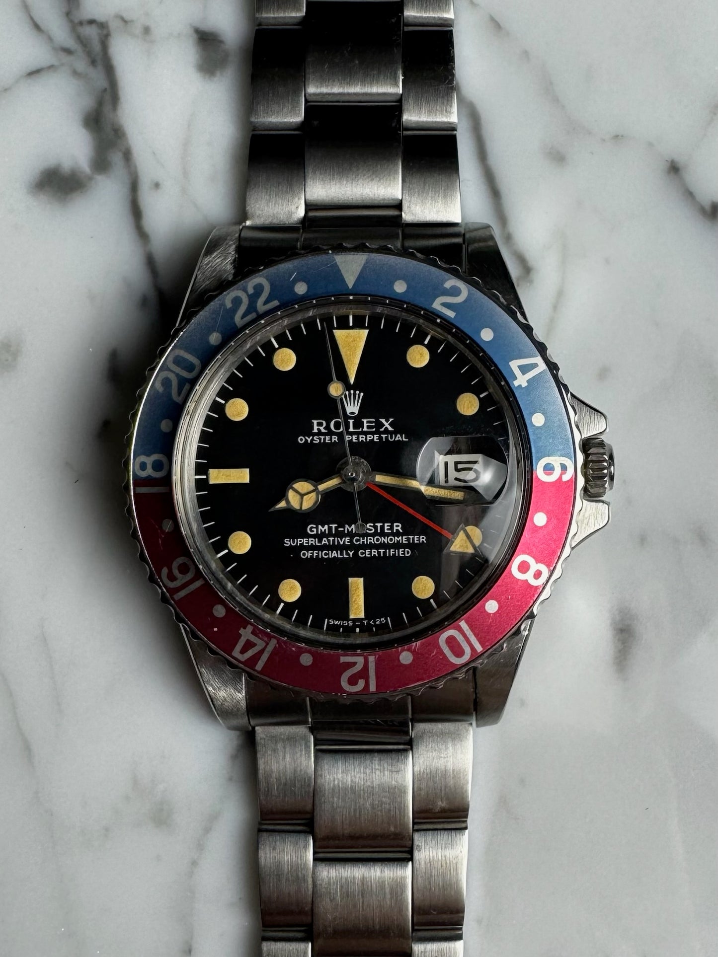 Rolex GMT-Master 1675 MK1 Long E Full Steel Faded Bezel Red Back Insert Heavy Patina Zinc Sulfide 1967 (Serviced)