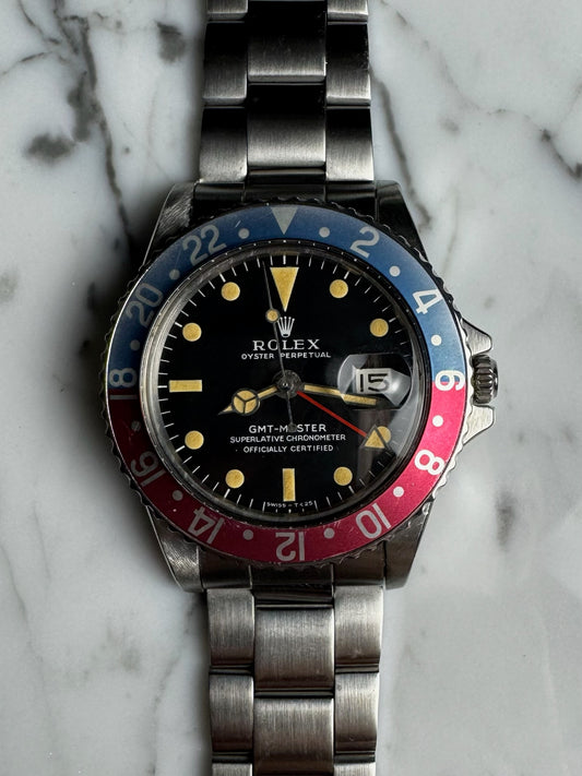 Rolex GMT-Master 1675 MK1 Long E Full Steel Faded Bezel Red Back Insert Heavy Patina Zinc Sulfide 1967 (Serviced)