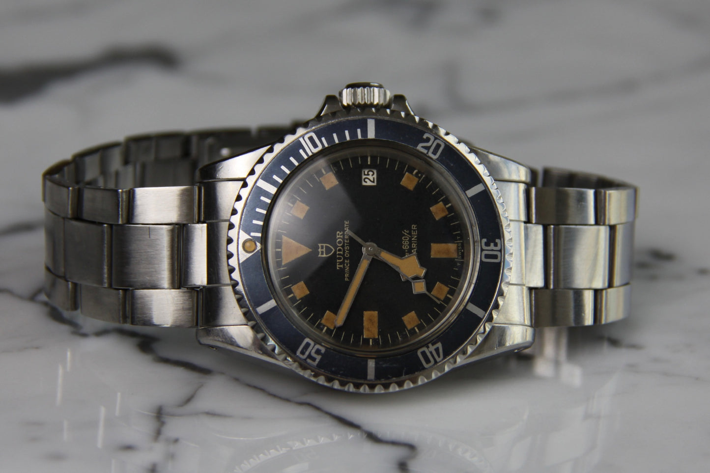 Tudor Submariner Snowflake Full Steel Black Pumpkin Patina Blue Insert Rare Confetti Dial 1968 (Unpolished/Serviced)