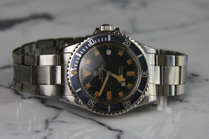 Tudor Submariner Snowflake Full Steel Black Pumpkin Patina Blue Insert Rare Confetti Dial 1968 (Unpolished/Serviced)