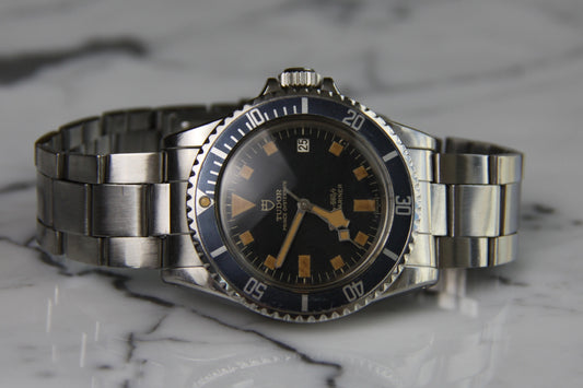 Tudor Submariner Snowflake Full Steel Black Pumpkin Patina Blue Insert Rare Confetti Dial 1968 (Unpolished/Serviced)