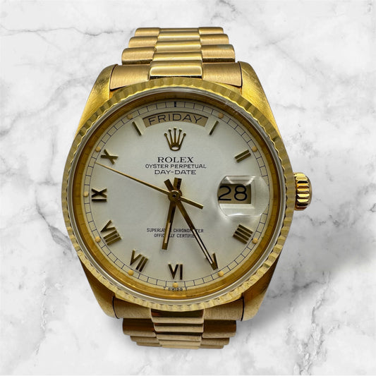 Rolex Day-Date 36 Full Yellow Gold White Cream Dial Roman Numerals 1985 (Serviced)