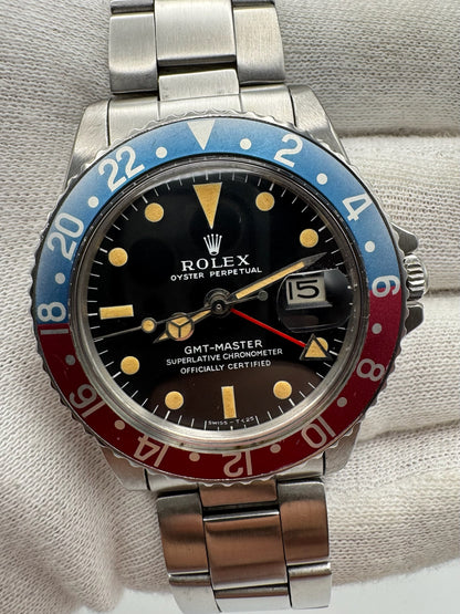 Rolex GMT-Master 1675 MK1 Long E Full Steel Faded Bezel Red Back Insert Heavy Patina Zinc Sulfide 1967 (Serviced)