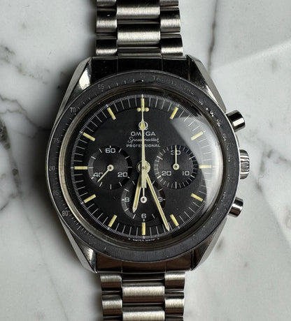 Omega Speedmaster Professional Moonwatch Full Steel Ghost Bezel Yellow Patina Step Dial 1969 (Serviced)