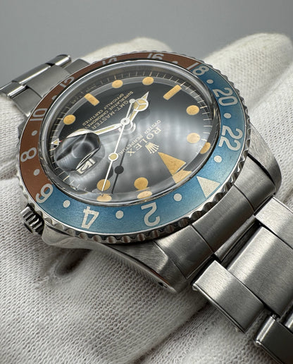 Rolex GMT-Master 1675 PCG Cornino Glossy Gilt Heavy Patina Zinc Sulfide Pepsi 1960 (Serviced)