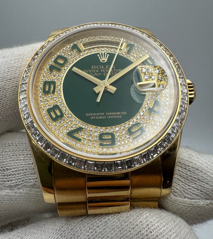 Rolex Day-Date 36 Extremely Rare Green Enamel Dial Factory Diamonds Baguette Bezel 2016 (Full-Set/Unpolished)
