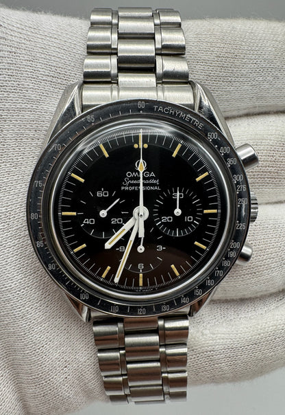 Omega Speedmaster Professional Moonwatch Full Steel Yellow Patina Step Dial Ghost Bezel (Serviced)