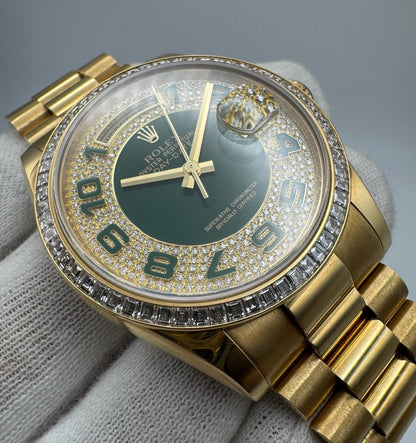 Rolex Day-Date 36 Extremely Rare Green Enamel Dial Factory Diamonds Baguette Bezel 2016 (Full-Set/Unpolished)
