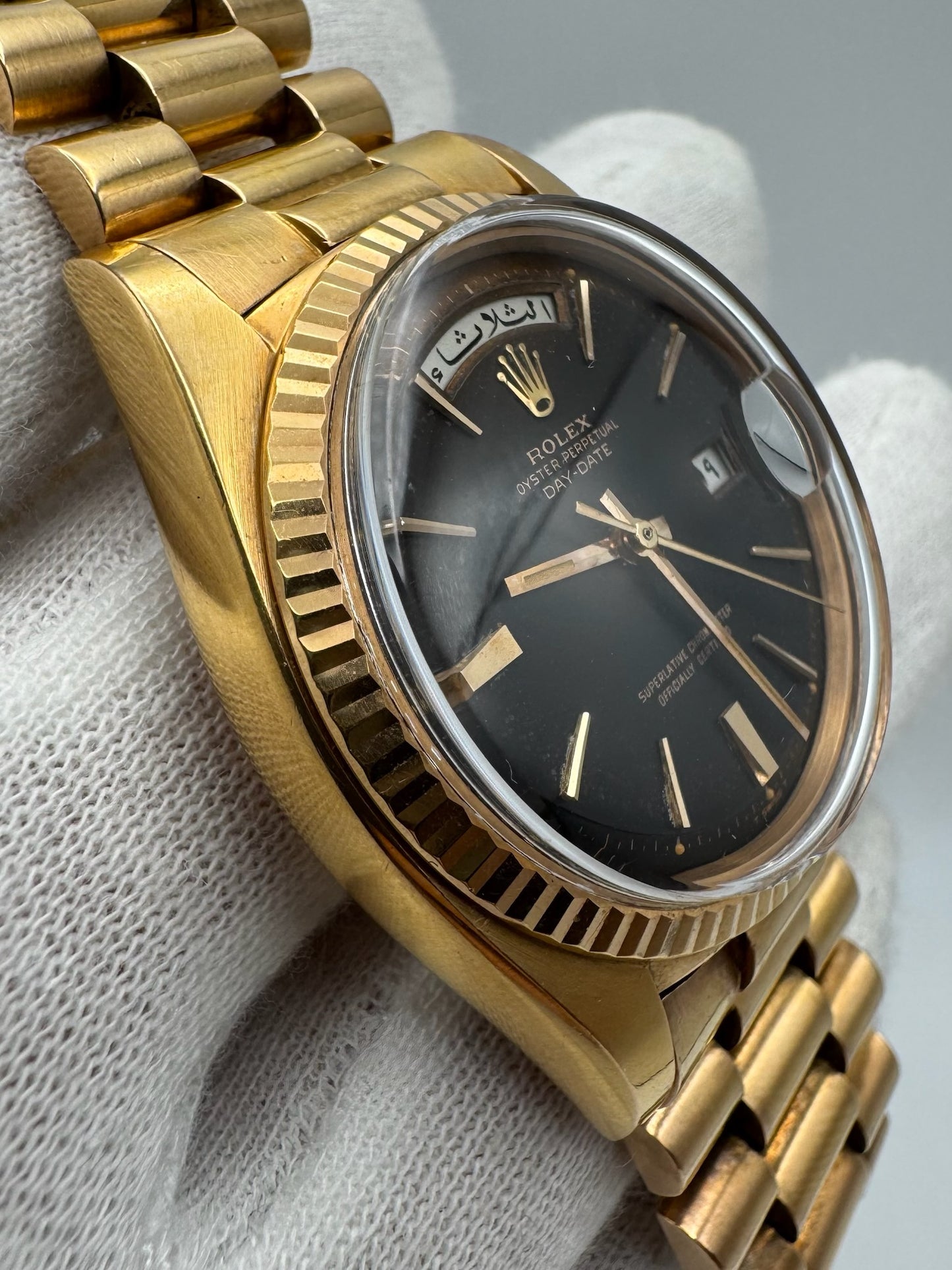 Rolex Day-Date 36 Full Rose Gold Ultra Rare Tropical Dial Arabic Disks 1973 (Unpolished/Serviced)