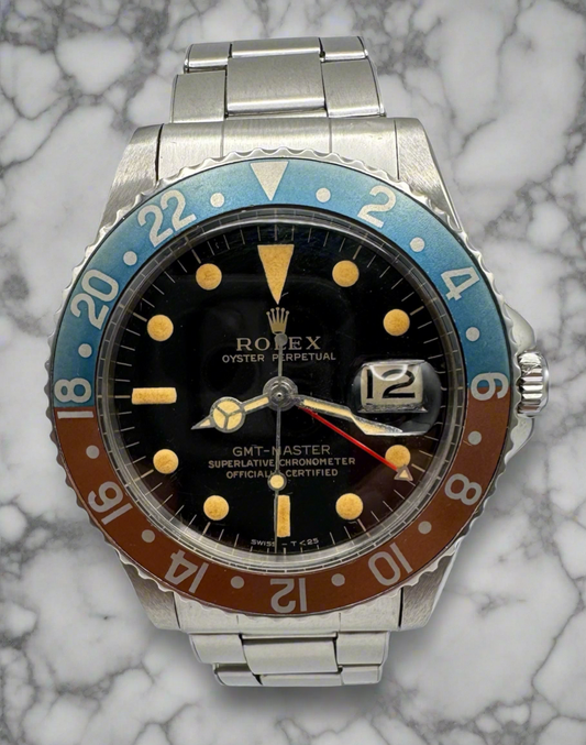 Rolex GMT-Master 1675 PCG Cornino Glossy Gilt Heavy Patina Zinc Sulfide Pepsi 1960 (Serviced)