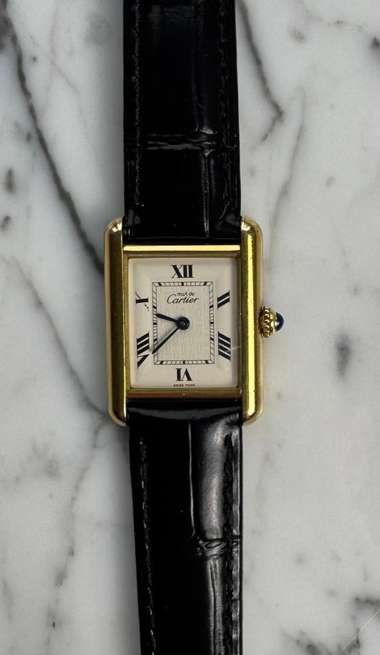 Cartier Tank Vermeil Gold Plated Quartz White Roman Dial