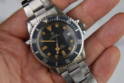 Tudor Submariner Snowflake Full Steel Black Pumpkin Patina Blue Insert Rare Confetti Dial 1968 (Unpolished/Serviced)