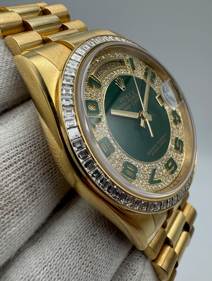 Rolex Day-Date 36 Extremely Rare Green Enamel Dial Factory Diamonds Baguette Bezel 2016 (Full-Set/Unpolished)