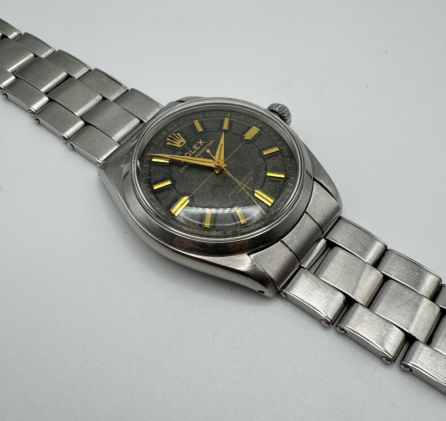 Rolex Oyster Perpetual 34 Full Steel Riveted Glossy Gilt Tropical Dial Gold Markers 1955