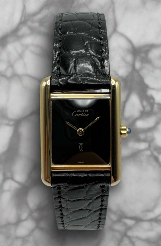 Cartier Tank Vermeil Gold Plated Quartz Black Dial 1986 (Full-Set)