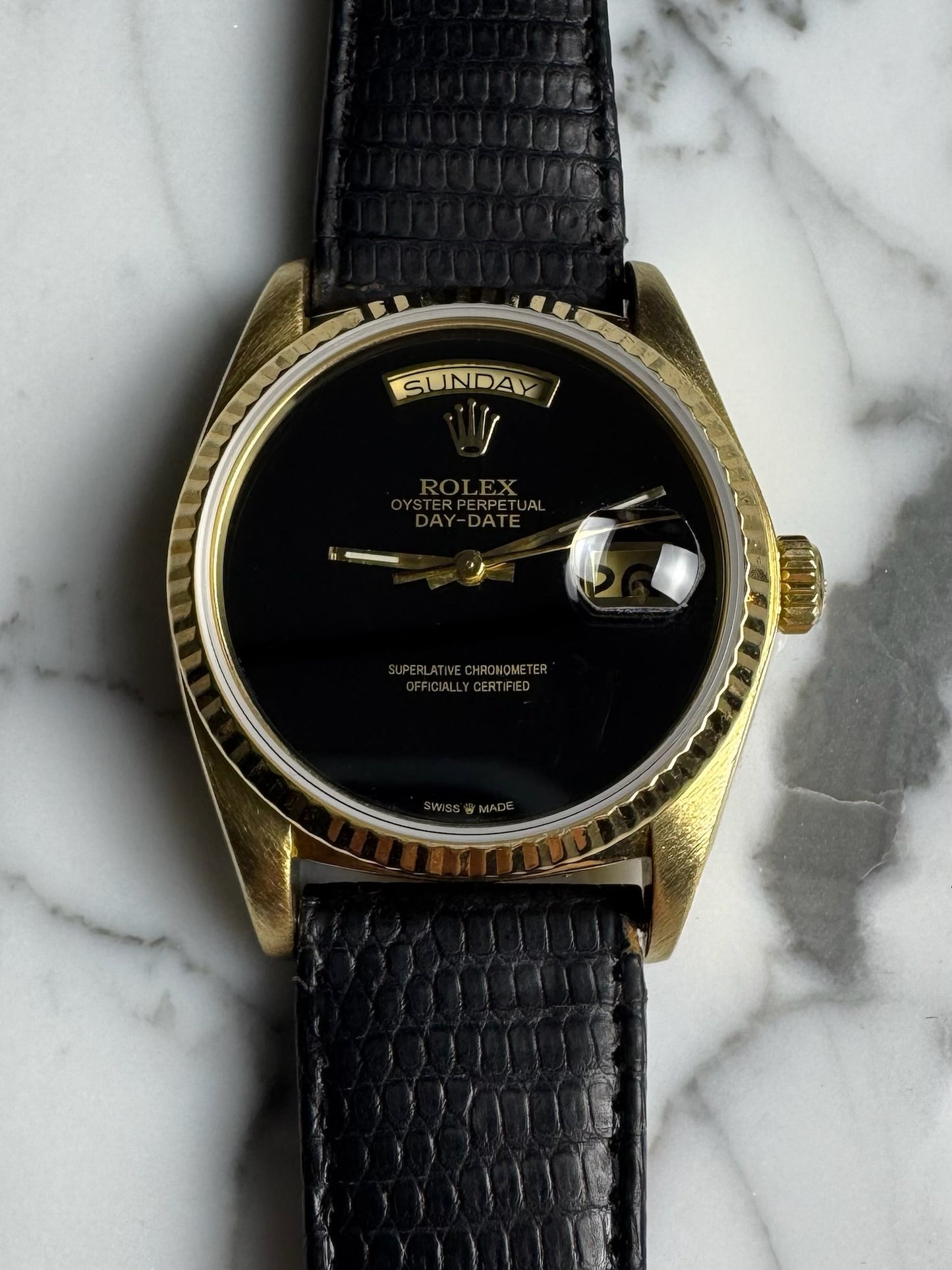 Rolex Day-Date 36 Yellow Gold Aftermarket Onyx Dial 1979 (Serviced)