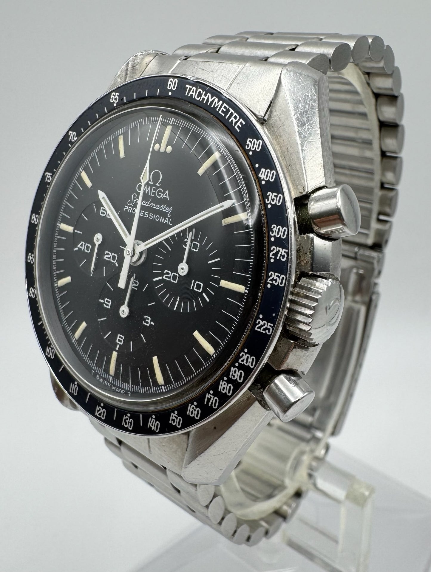 Omega Speedmaster Professional Moonwatch Full Steel Tritium Dial Blue Insert 1970’s (Unpolished)