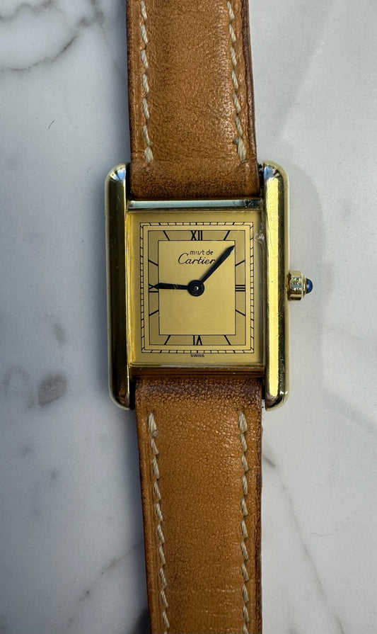 Cartier Tank Vermeil Gold Plated Quartz Champagne Dial 1990