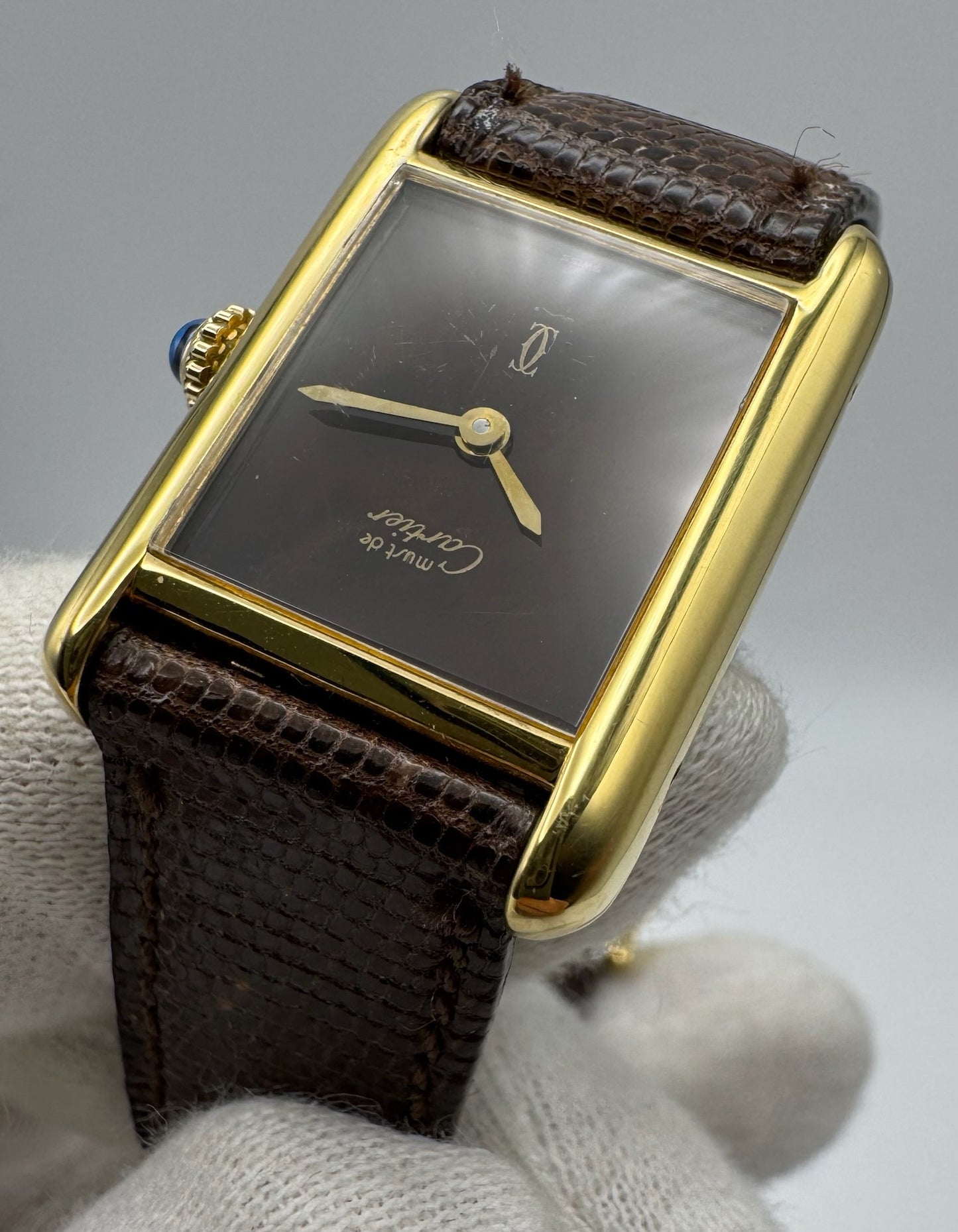 Cartier Tank Vermeil Gold Plated Manual Winding Burl Wood Dial