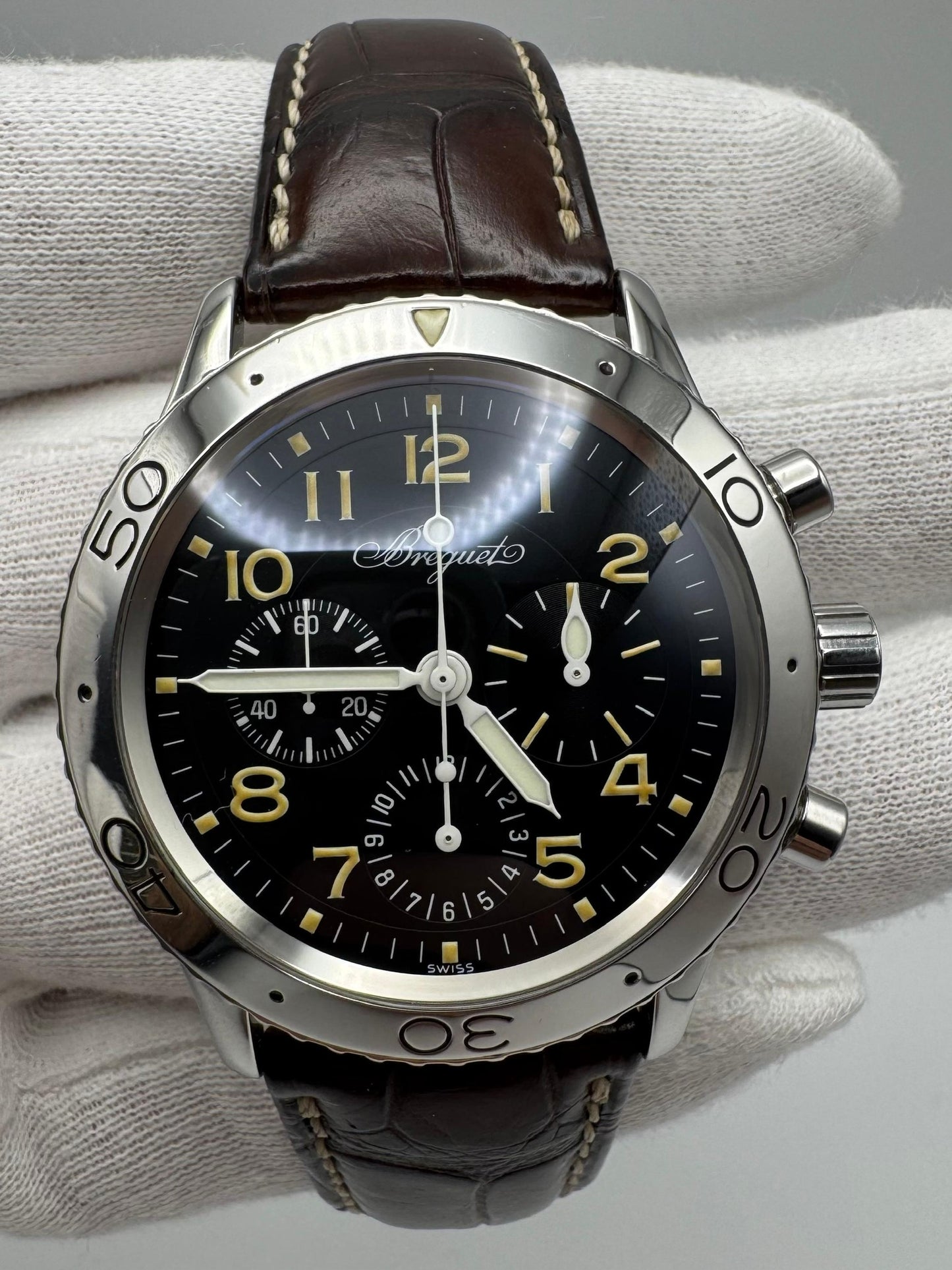 Breguet Type XX - XXI - XXII Pilot Watch Chronograph Steel Yellow Patina (Box)