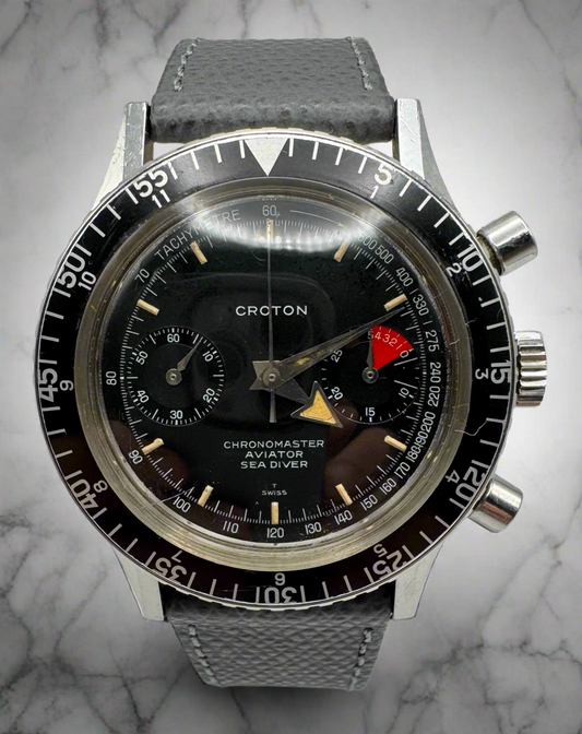 Croton Aviator Sea Diver Chronograph Manual Winding Yellow Patina Broad Arrow Original Owner 1960s (Unpolished)