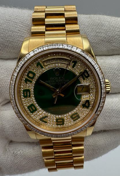 Rolex Day-Date 36 Extremely Rare Green Enamel Dial Factory Diamonds Baguette Bezel 2016 (Full-Set/Unpolished)