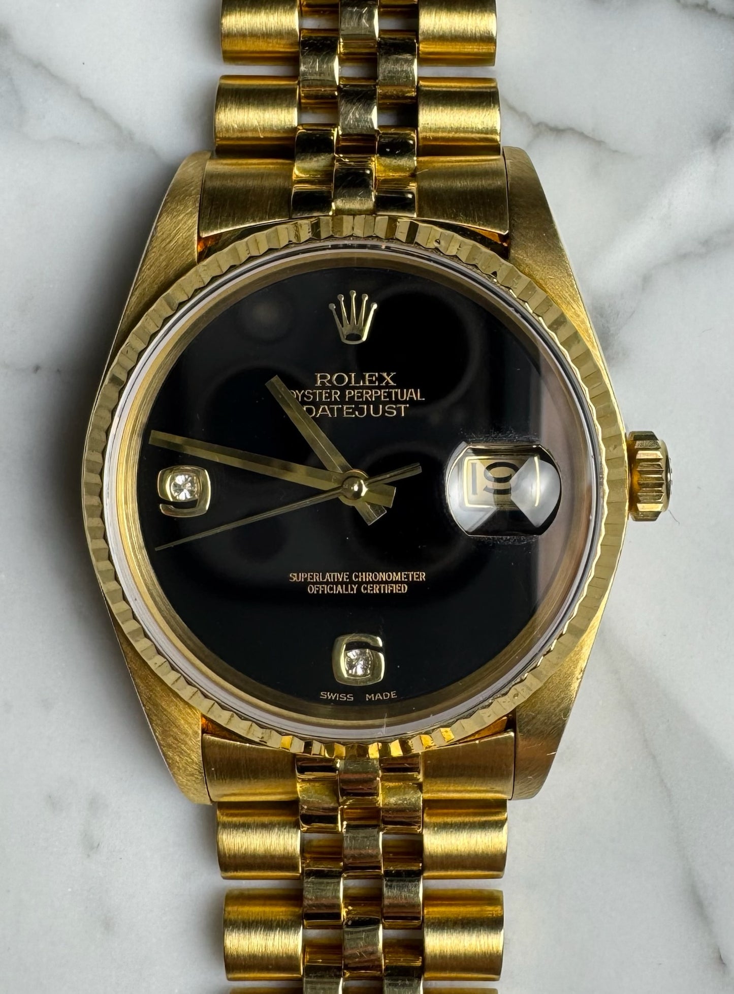 Rolex Datejust 36 Full Gold 18K OEM Factory Onyx Dial 1986 (Service Papers)