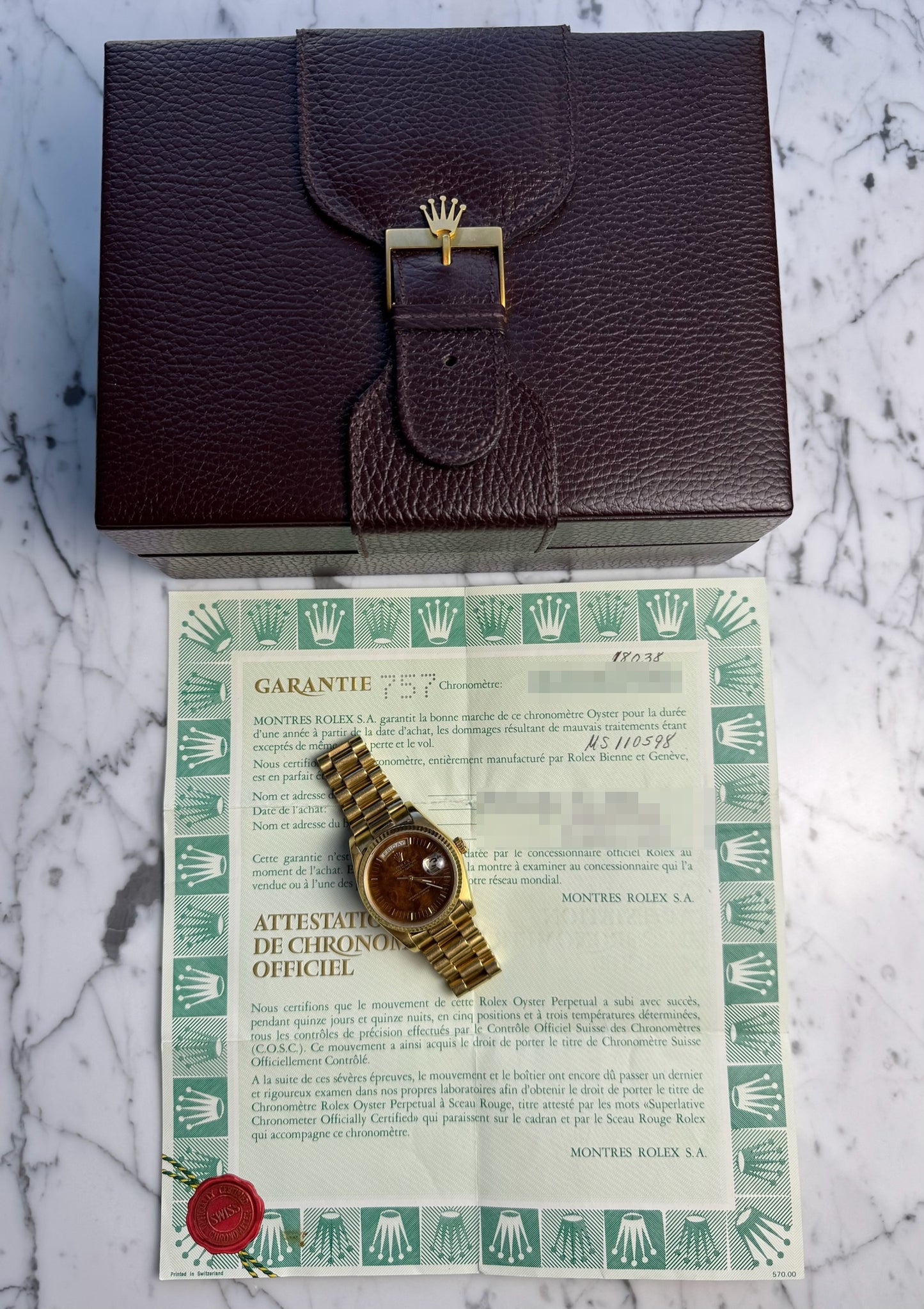 Rolex Day-Date 36 Yellow Gold Rare Wood Dial 1986 (Full-Set/Unpolished)