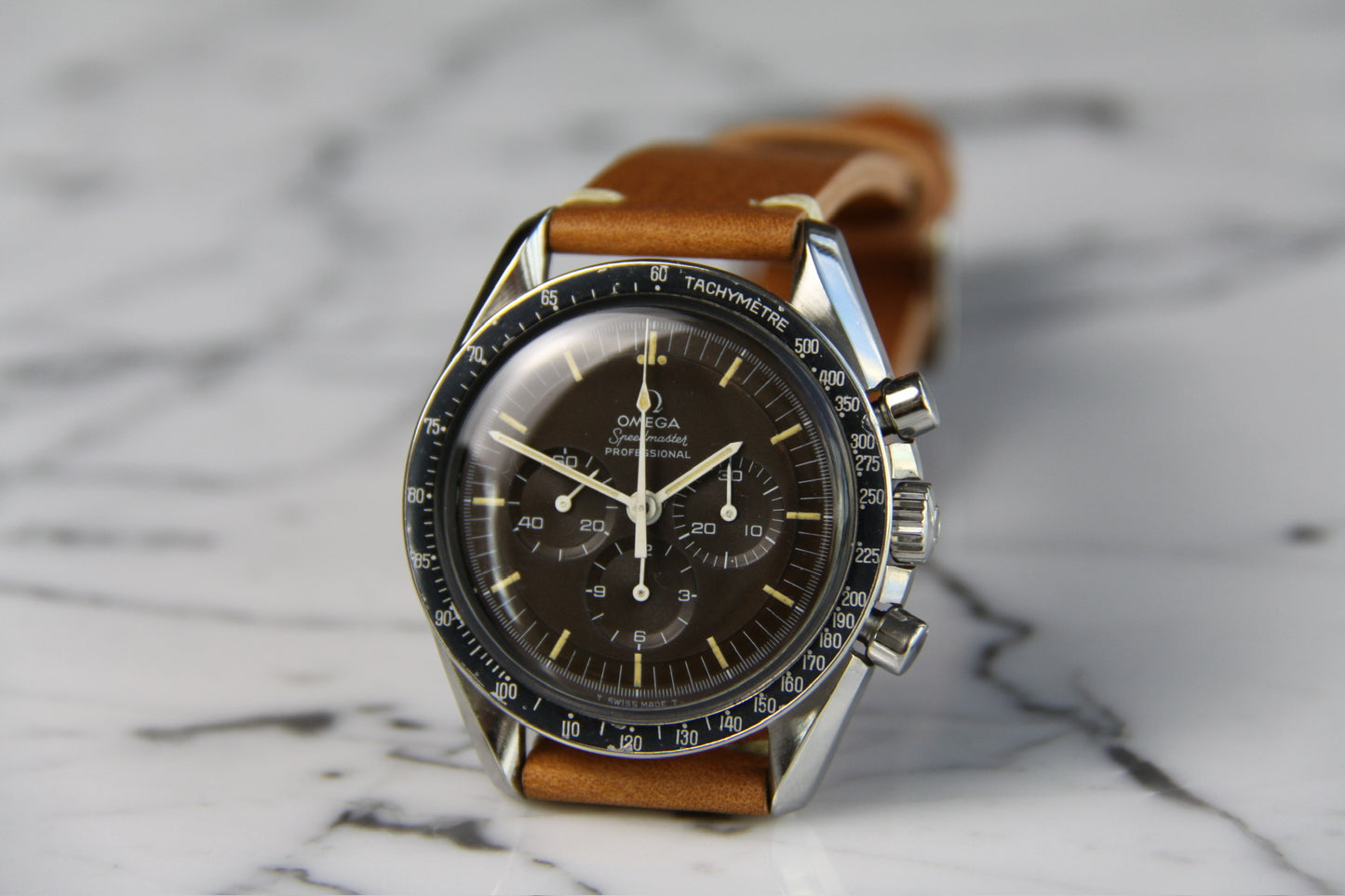 Omega Speedmaster Professional Moonwatch Tropical Brown Dial Heavy Patina Blue Insert 1969 (Serviced)