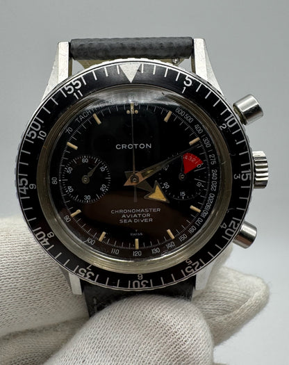 Croton Aviator Sea Diver Chronograph Manual Winding Yellow Patina Broad Arrow Original Owner 1960s (Unpolished)