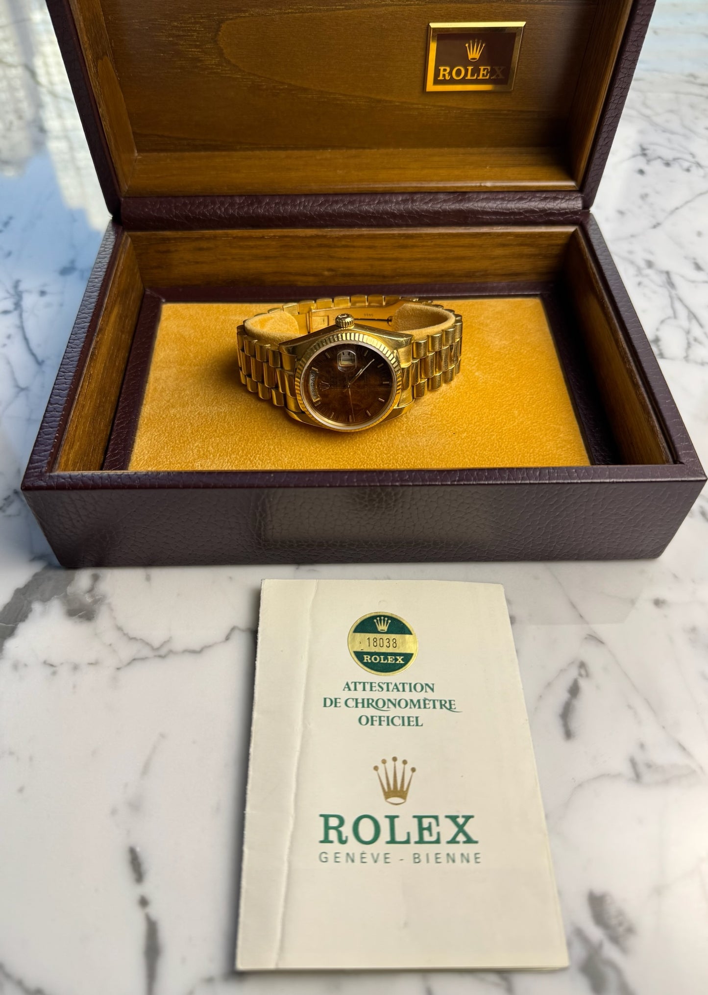 Rolex Day-Date 36 Yellow Gold Rare Wood Dial 1986 (Full-Set/Unpolished)