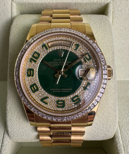 Rolex Day-Date 36 Extremely Rare Green Enamel Dial Factory Diamonds Baguette Bezel 2016 (Full-Set/Unpolished)