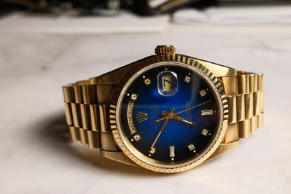 Rolex Day-Date 36 Full Gold OEM Blue Vignette Diamond Dial 1995 (Box & Service Papers/Unpolished)