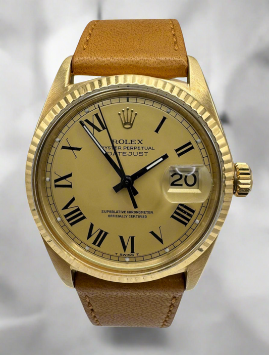 Rolex Datejust 36 Yellow Gold Rare Champagne Buckley Dial 1975