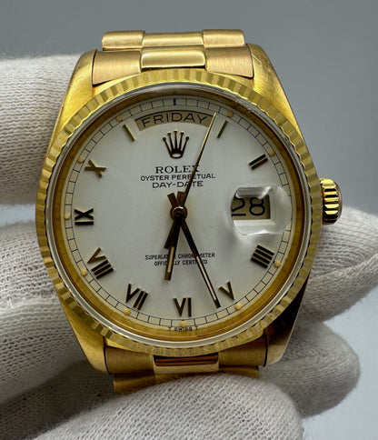 Rolex Day-Date 36 Full Yellow Gold White Cream Dial Roman Numerals 1985 (Serviced)