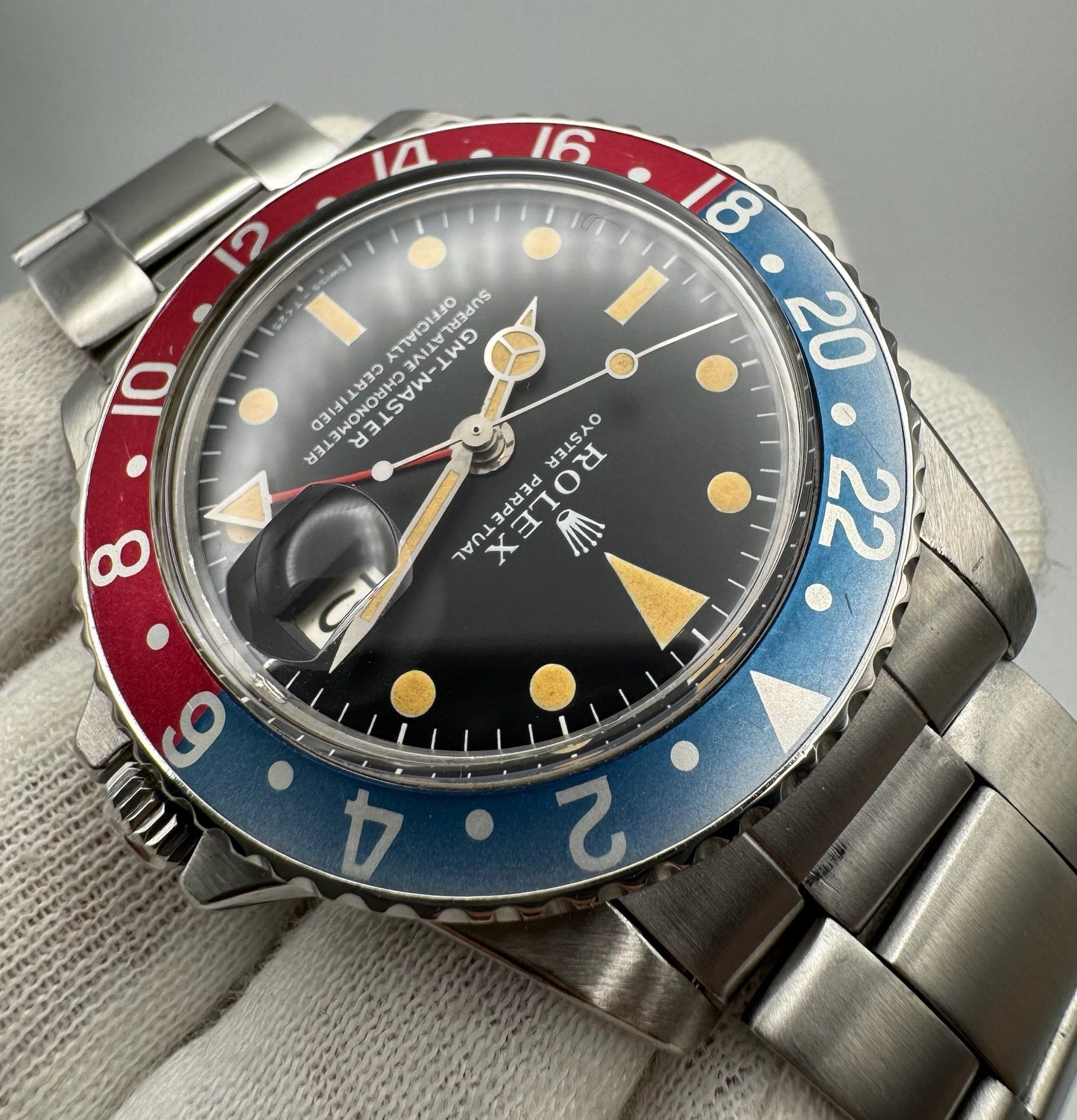 Rolex GMT-Master 1675 MK1 Long E Full Steel Faded Bezel Red Back Insert Heavy Patina Zinc Sulfide 1967 (Serviced)