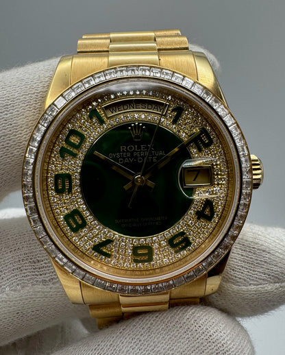 Rolex Day-Date 36 Extremely Rare Green Enamel Dial Factory Diamonds Baguette Bezel 2016 (Full-Set/Unpolished)