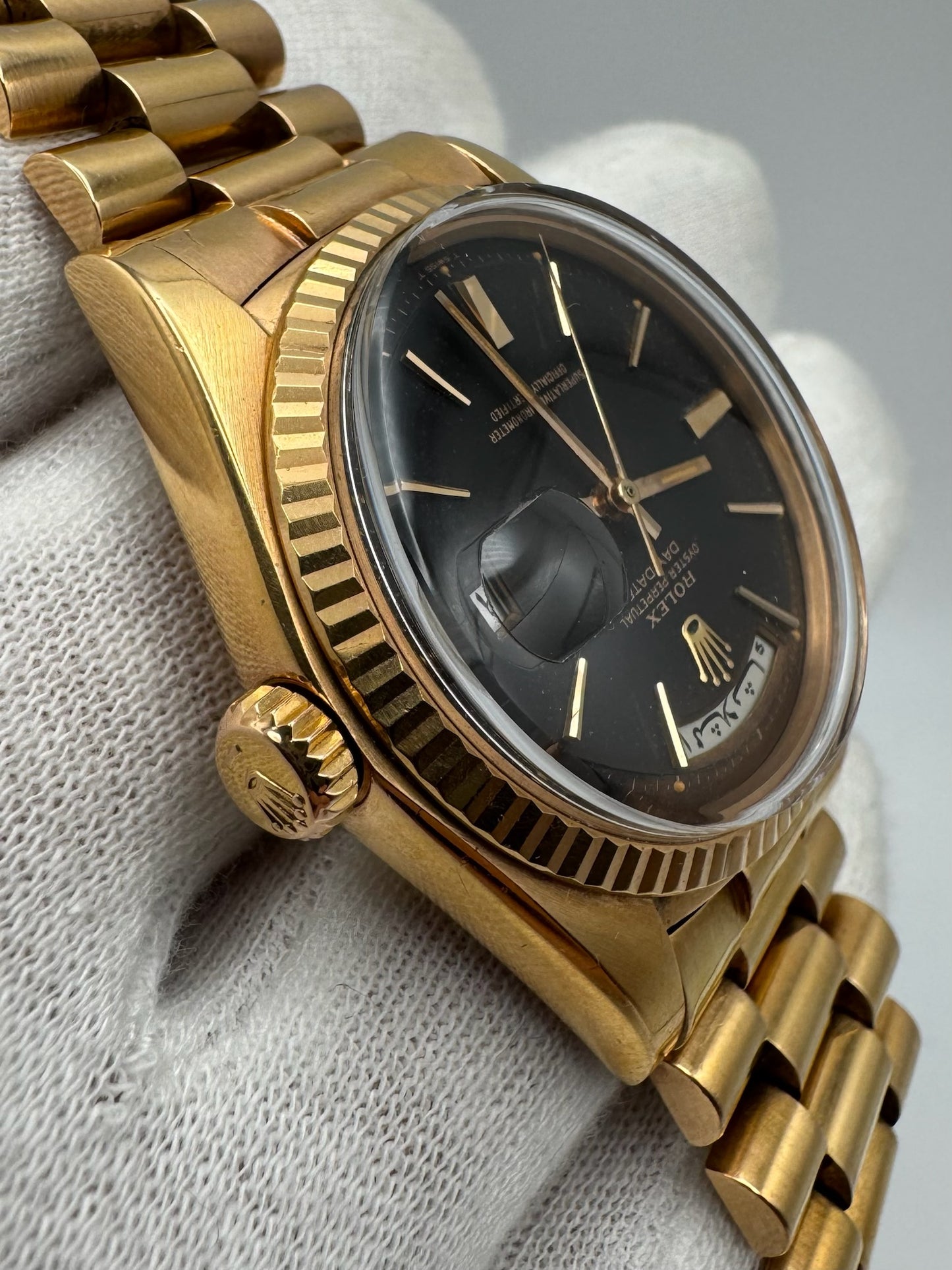 Rolex Day-Date 36 Full Rose Gold Ultra Rare Tropical Dial Arabic Disks 1973 (Unpolished/Serviced)