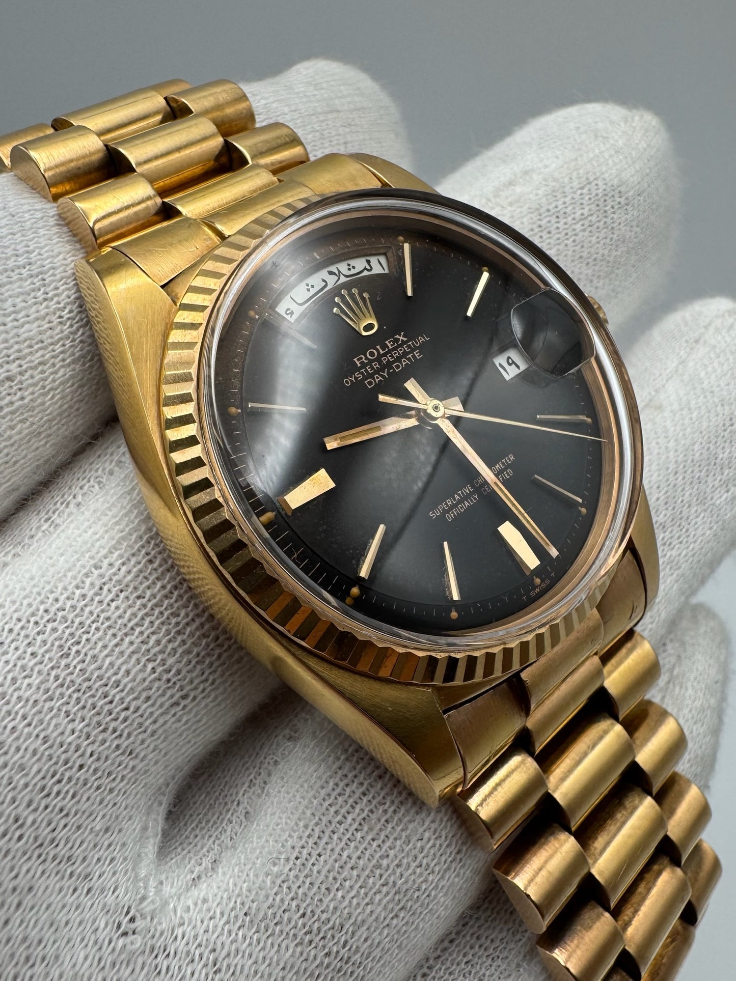 Rolex Day-Date 36 Full Rose Gold Ultra Rare Tropical Dial Arabic Disks 1973 (Unpolished/Serviced)